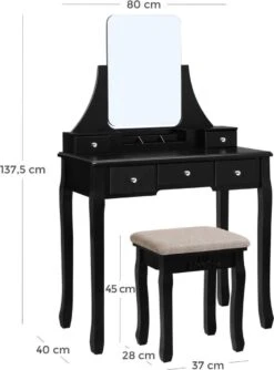 Merkloos Kaptafel, Kaptafel Met Grote Spiegel Zonder Frame, Toilettafel, Kaptafel, Voor Make-up, Gewatteerde Kruk, 5 Laden, Verplaatsbare Opbergdoos, Zwart RDT25BK -Schoonheidsproducten Winkel 888x1200 1